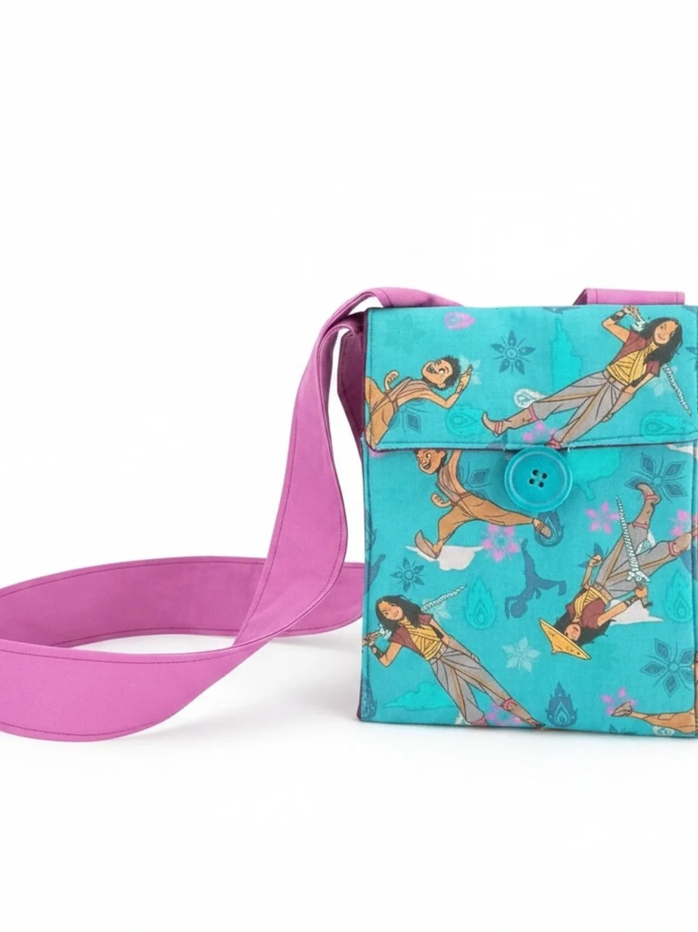 Turquoise Raya and the Last Dragon Printed Crossbody Phone Bag with Lilac Strap